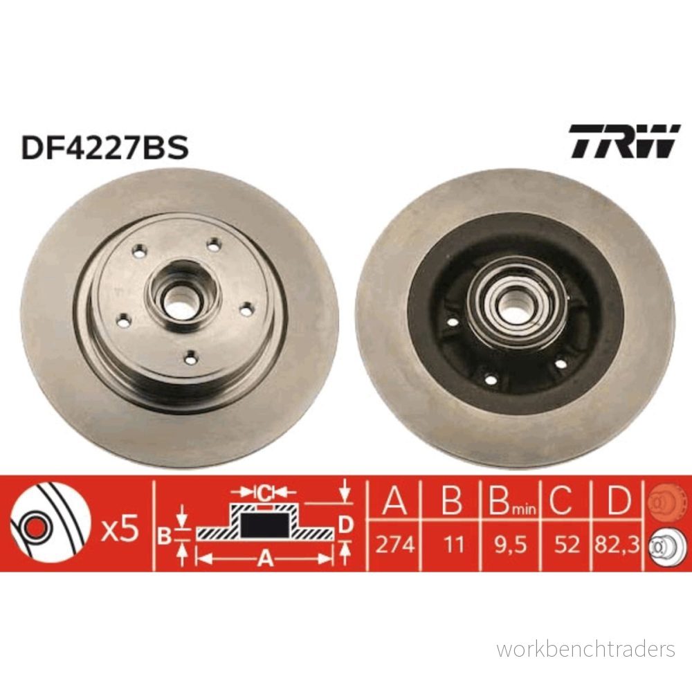 TRW DF4227BS Disque de frein 274 11 5 108 plein avec bague ABS, roulement roue RENAULT: LAGUNA 2, GRAND SCENIC 2 Grandtour 3322937510917