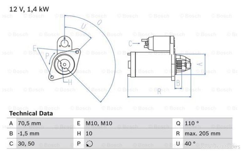BOSCH 0 986 025 960 Démarreur 12V 1,4kW 9, 10 30 rechts 70,5mm FORD: S Max Mk1, Focus 2, MONDEO 4, VOLVO: V50, S40 II, C70 2 Cabriolet 4047025656900