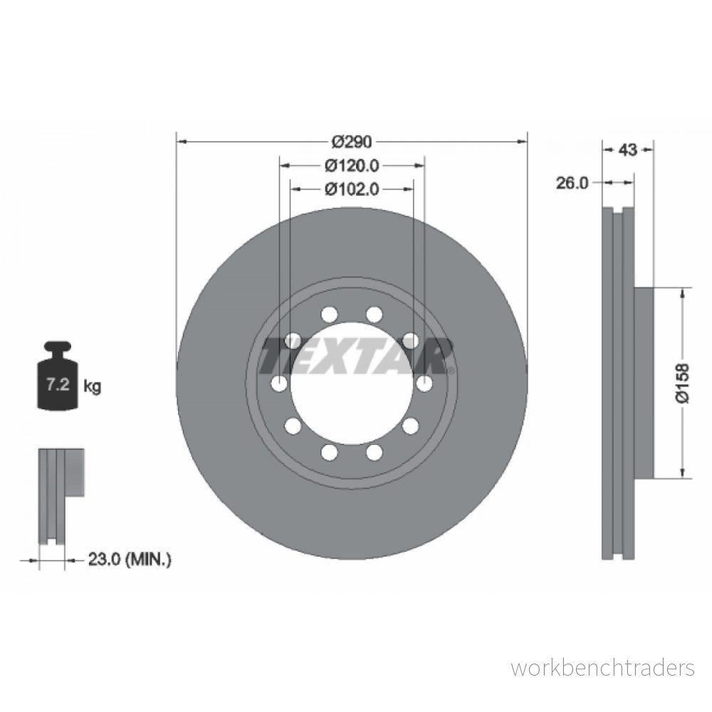 TEXTAR 93117500 Disque de frein 290 26 05/10 120 ventilé l'intérieur sans boulon fix roue, moyeu roue 4019722261046